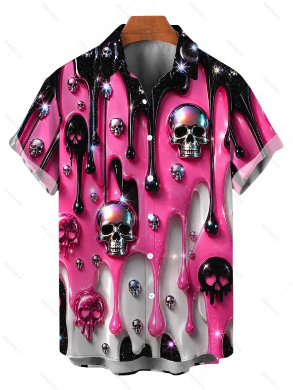 Gothic Couple Outfit Colorblock 3D Molten Lava Skull Print Spaghetti Strap Mini Dress and Shirt Set - Rouge Rose S | US 4