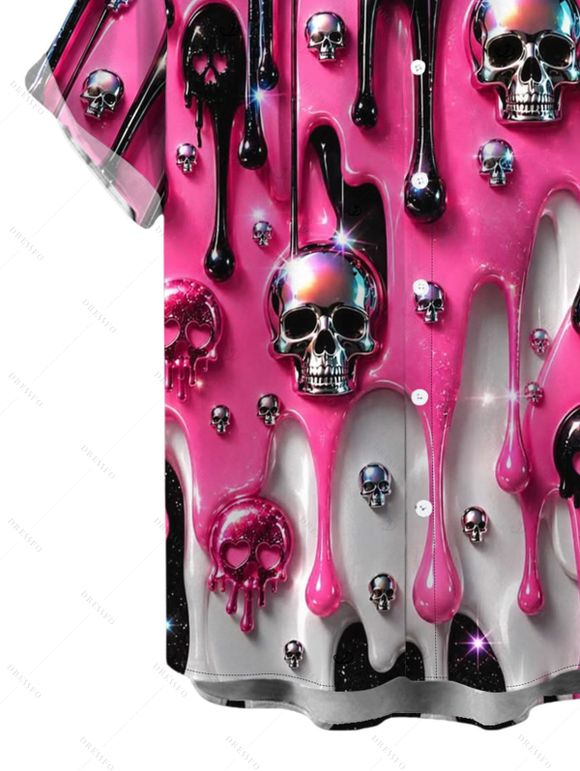 Gothic Couple Outfit Colorblock 3D Molten Lava Skull Print Spaghetti Strap Mini Dress and Shirt Set - Rouge Rose S | US 4
