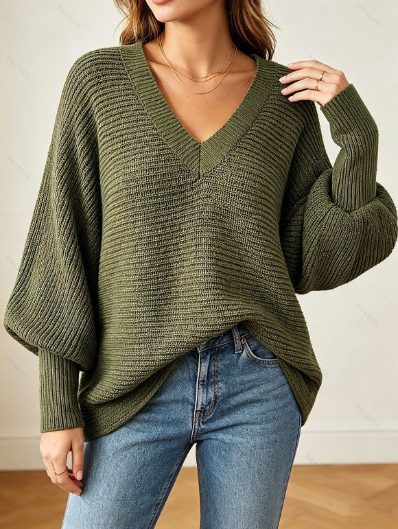 Textured Sweater Solid Color Lantern Sleeve V Neck Pullover Long Sweater - Vert Armée XXL | US 14
