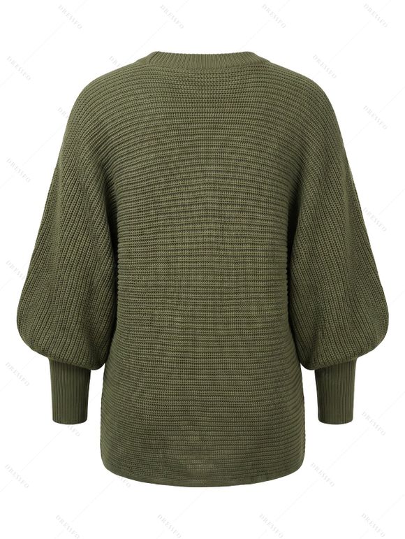 Textured Sweater Solid Color Lantern Sleeve V Neck Pullover Long Sweater - Vert Armée XXL | US 14