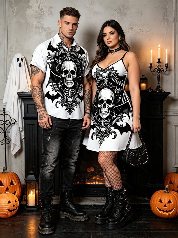 Halloween Gothic Couple Outfit Skulls Bat Printed Spaghetti Strap Mini Dress and Shirt Set - Noir S | US 4
