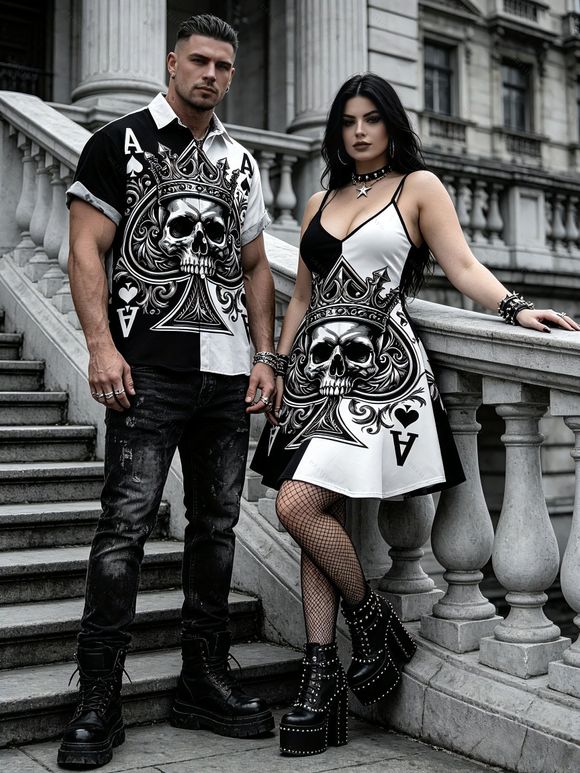 Gothic Couple Outfit Colorblock Skull Crown Poker Playing‑Card Print Spaghetti Strap Mini Dress and Shirt Set - Noir S | US 4