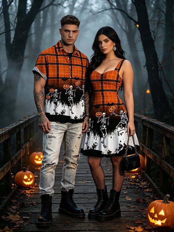 Halloween Couple Outfit Skeleton Skulls Pumpkin Plaid Print Ruched Bust Mini Dress and Shirt Set - Orange S | US 4