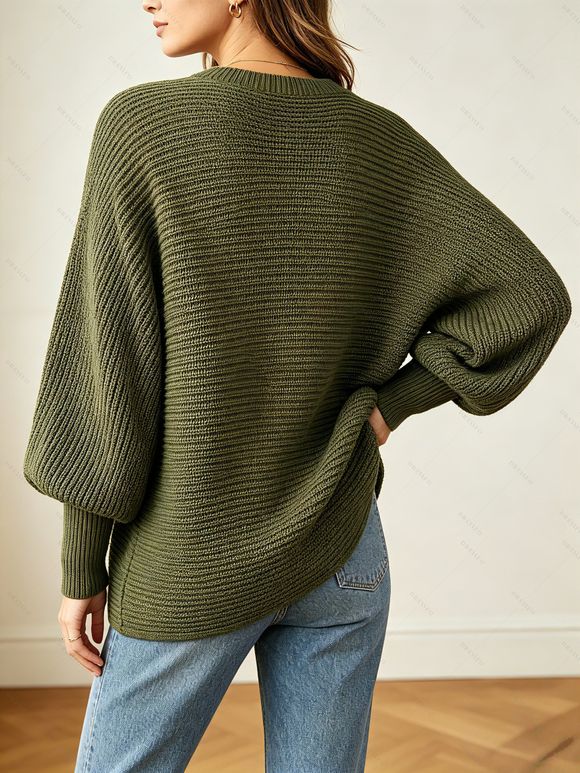 Textured Sweater Solid Color Lantern Sleeve V Neck Pullover Long Sweater - Vert Armée XXL | US 14