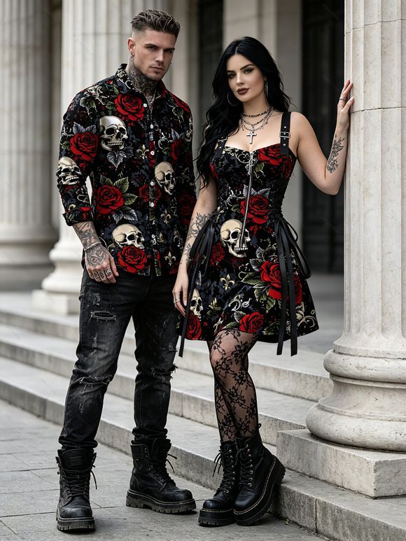 Halloween Gothic Couple Outfit Rose Floral Leaf Skulls Print O Ring Buckle Strap Zipper Lace Up Mini Dress and Shirt Set - Noir S | US 4