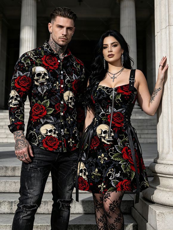 Halloween Gothic Couple Outfit Rose Floral Leaf Skulls Print O Ring Buckle Strap Zipper Lace Up Mini Dress and Shirt Set - Noir S | US 4