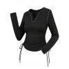 Gothic Women Outfit Rivet V Notched Cinched Solid Color Top and Grommet Buckle Lace Up Leggings Set - Noir S | US 4