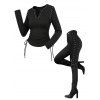 Gothic Women Outfit Rivet V Notched Cinched Solid Color Top and Grommet Buckle Lace Up Leggings Set - Noir S | US 4