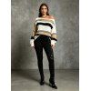Autumn Women Outfit Colorblock Striped Geometric Hollow Out Skew Neck Sweater and Grommet Buckle Lace Up Leggings Set - multicolor S | US 4