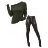 Gothic Women Outfit Solid Color Skew Neck Mock Button Pullover Top and O Ring Zipper Buckle Strap Leggings Set - Vert Armée S | US 4