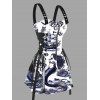 Vintage Couple Outfit Ocean Mermaid Pirate Octopus Print Buckle Strap Half Zipper Lace Up Mini Dress and Shirt Set - Bleu de Minuit S | US 4