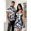 Vintage Couple Outfit Ocean Mermaid Pirate Octopus Print Buckle Strap Half Zipper Lace Up Mini Dress and Shirt Set - Bleu de Minuit S | US 4