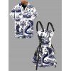 Vintage Couple Outfit Ocean Mermaid Pirate Octopus Print Buckle Strap Half Zipper Lace Up Mini Dress and Shirt Set - Bleu de Minuit S | US 4