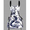 Vintage Couple Outfit Ocean Mermaid Pirate Octopus Print Buckle Strap Half Zipper Lace Up Mini Dress and Shirt Set - Bleu de Minuit S | US 4