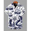 Vintage Couple Outfit Ocean Mermaid Pirate Octopus Print Buckle Strap Half Zipper Lace Up Mini Dress and Shirt Set - Bleu de Minuit S | US 4