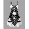 Halloween Gothic Couple Outfit Skulls Bat Printed Spaghetti Strap Mini Dress and Shirt Set - Noir S | US 4