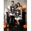 Halloween Gothic Couple Outfit Skulls Bat Printed Spaghetti Strap Mini Dress and Shirt Set - Noir S | US 4