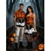 Halloween Couple Outfit Skeleton Skulls Pumpkin Plaid Print Ruched Bust Mini Dress and Shirt Set - Orange S | US 4