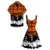 Halloween Couple Outfit Skeleton Skulls Pumpkin Plaid Print Ruched Bust Mini Dress and Shirt Set - Orange S | US 4
