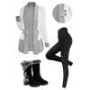 Autumn Women Outfit Open Front Colorblock Shawl‑Collar Sweater Lace Up Leggings and Faux Fur Mid-Calf Boots Set - Gris S | US 4