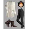 Casual Women Outfit Open Front Colorblock Shawl‑Collar Sweater Grommet Lace Up Leggings and Buckled Slouch Boots Set - Abricot S | US 4