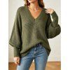 Textured Sweater Solid Color Lantern Sleeve V Neck Pullover Long Sweater - Vert Armée M | US 6