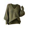 Textured Sweater Solid Color Lantern Sleeve V Neck Pullover Long Sweater - Vert Armée XXL | US 14