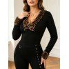 Vintage Top Leopard Print Panel Plunging Neck Long Sleeve Pullover Top - Noir M | US 6
