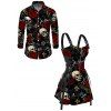 Halloween Gothic Couple Outfit Rose Floral Leaf Skulls Print O Ring Buckle Strap Zipper Lace Up Mini Dress and Shirt Set - Noir S | US 4