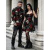 Halloween Gothic Couple Outfit Rose Floral Leaf Skulls Print O Ring Buckle Strap Zipper Lace Up Mini Dress and Shirt Set - Noir S | US 4