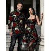 Halloween Gothic Couple Outfit Rose Floral Leaf Skulls Print O Ring Buckle Strap Zipper Lace Up Mini Dress and Shirt Set - Noir S | US 4