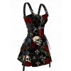 Halloween Gothic Couple Outfit Rose Floral Leaf Skulls Print O Ring Buckle Strap Zipper Lace Up Mini Dress and Shirt Set - Noir S | US 4
