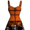 Halloween Dress Vintage Skeleton Skulls Pumpkin Plaid Print Ruched Bust Mini Dress - Orange XXXXXL | US 20
