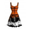 Halloween Dress Vintage Skeleton Skulls Pumpkin Plaid Print Ruched Bust Mini Dress - Orange XXXXXL | US 20