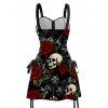 Halloween Gothic Dress Rose Floral Leaf Skulls Print O Ring Buckle Strap Zipper Lace Up Mini Dress - Noir XXL | US 14