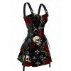 Halloween Gothic Dress Rose Floral Leaf Skulls Print O Ring Buckle Strap Zipper Lace Up Mini Dress - Noir XXL | US 14