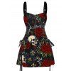 Halloween Gothic Dress Rose Floral Leaf Skulls Print O Ring Buckle Strap Zipper Lace Up Mini Dress - Noir XXL | US 14