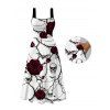 Halloween Gothic Dress Rose Floral Skulls Bat Thorn Vine Print Pocket Square Neck Dress - Blanc XXL | US 14