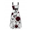 Halloween Gothic Dress Rose Floral Skulls Bat Thorn Vine Print Pocket Square Neck Dress - Blanc XXL | US 14