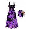 Halloween Gothic Dress Ghost Black Cat Bat Spider Web Print Pocket Square Neck Dress - Pourpre XXL | US 14