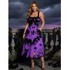 Halloween Gothic Dress Ghost Black Cat Bat Spider Web Print Pocket Square Neck Dress - Pourpre XXL | US 14