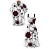 Halloween Gothic Couple Outfit Rose Floral Skulls Bat Thorn Vine Print Pocket Square Neck Dress and Shirt Set - Blanc S | US 4