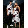 Halloween Gothic Couple Outfit Rose Floral Skulls Bat Thorn Vine Print Pocket Square Neck Dress and Shirt Set - Blanc S | US 4