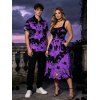 Halloween Gothic Couple Outfit Ghost Black Cat Bat Spider Web Print Pocket Square Neck Dress and Shirt Set - Pourpre S | US 4