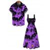 Halloween Gothic Couple Outfit Ghost Black Cat Bat Spider Web Print Pocket Square Neck Dress and Shirt Set - Pourpre S | US 4