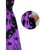 Halloween Gothic Couple Outfit Ghost Black Cat Bat Spider Web Print Pocket Square Neck Dress and Shirt Set - Pourpre S | US 4