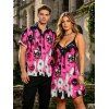 Gothic Couple Outfit Colorblock 3D Molten Lava Skull Print Spaghetti Strap Mini Dress and Shirt Set - Rouge Rose S | US 4