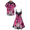 Gothic Couple Outfit Colorblock 3D Molten Lava Skull Print Spaghetti Strap Mini Dress and Shirt Set - Rouge Rose S | US 4