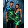 Gothic Couple Outfit Skull Playing Cards Colorblock Flame Print Spaghetti Strap Mini Dress and Shirt Set - multicolor A S | US 4