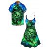 Gothic Couple Outfit Skull Playing Cards Colorblock Flame Print Spaghetti Strap Mini Dress and Shirt Set - multicolor A S | US 4